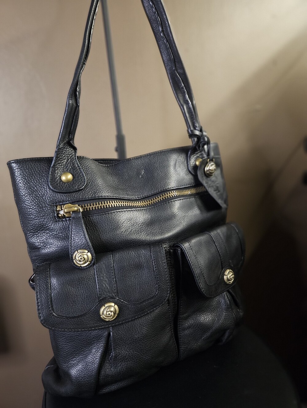 Rough Roses Multi Pocket Slouchy Leather Handbag- Black - Picture 3 of 11